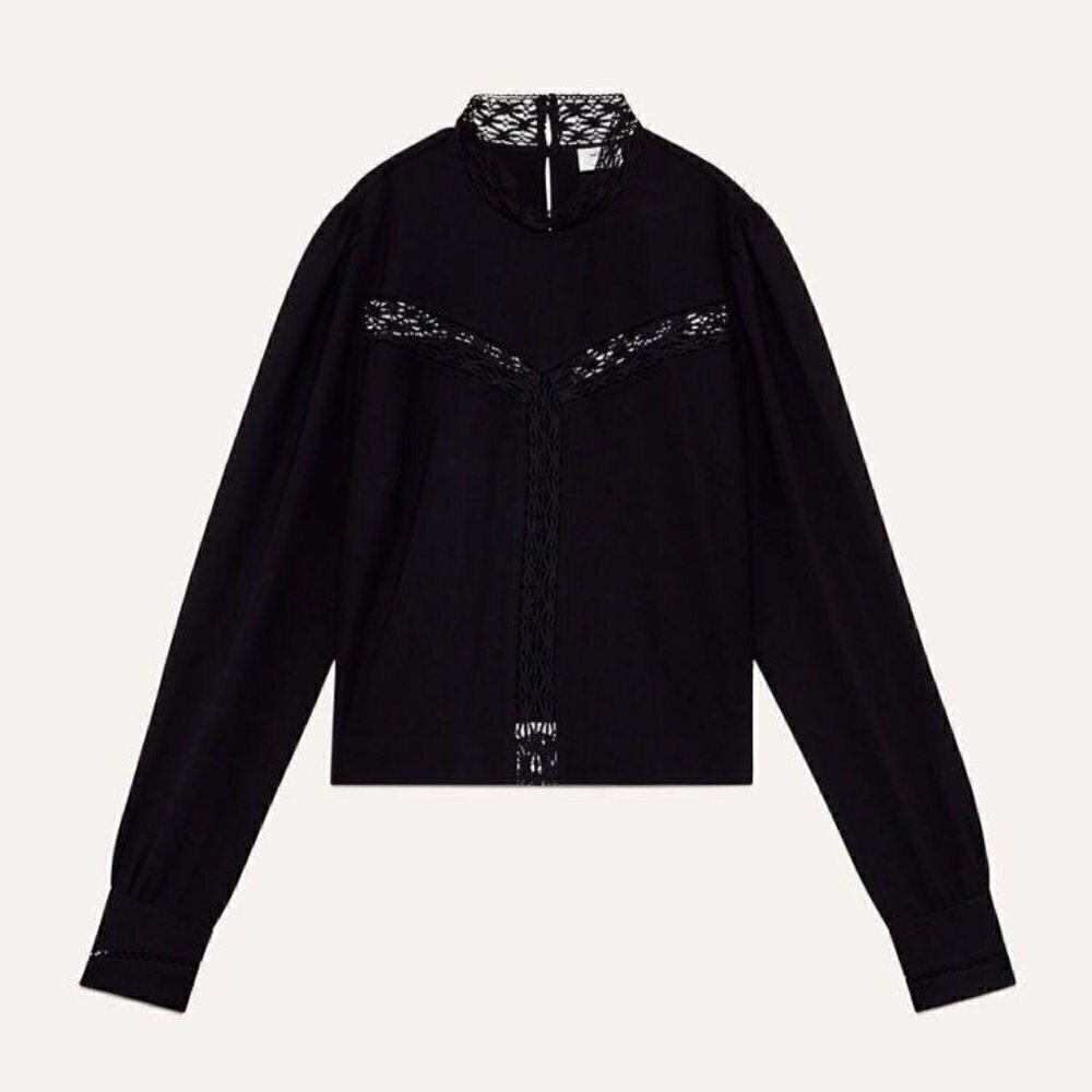 Aritzia Wilfred Delaney Black Lace Panel Long Sleeve Blouse Sz M